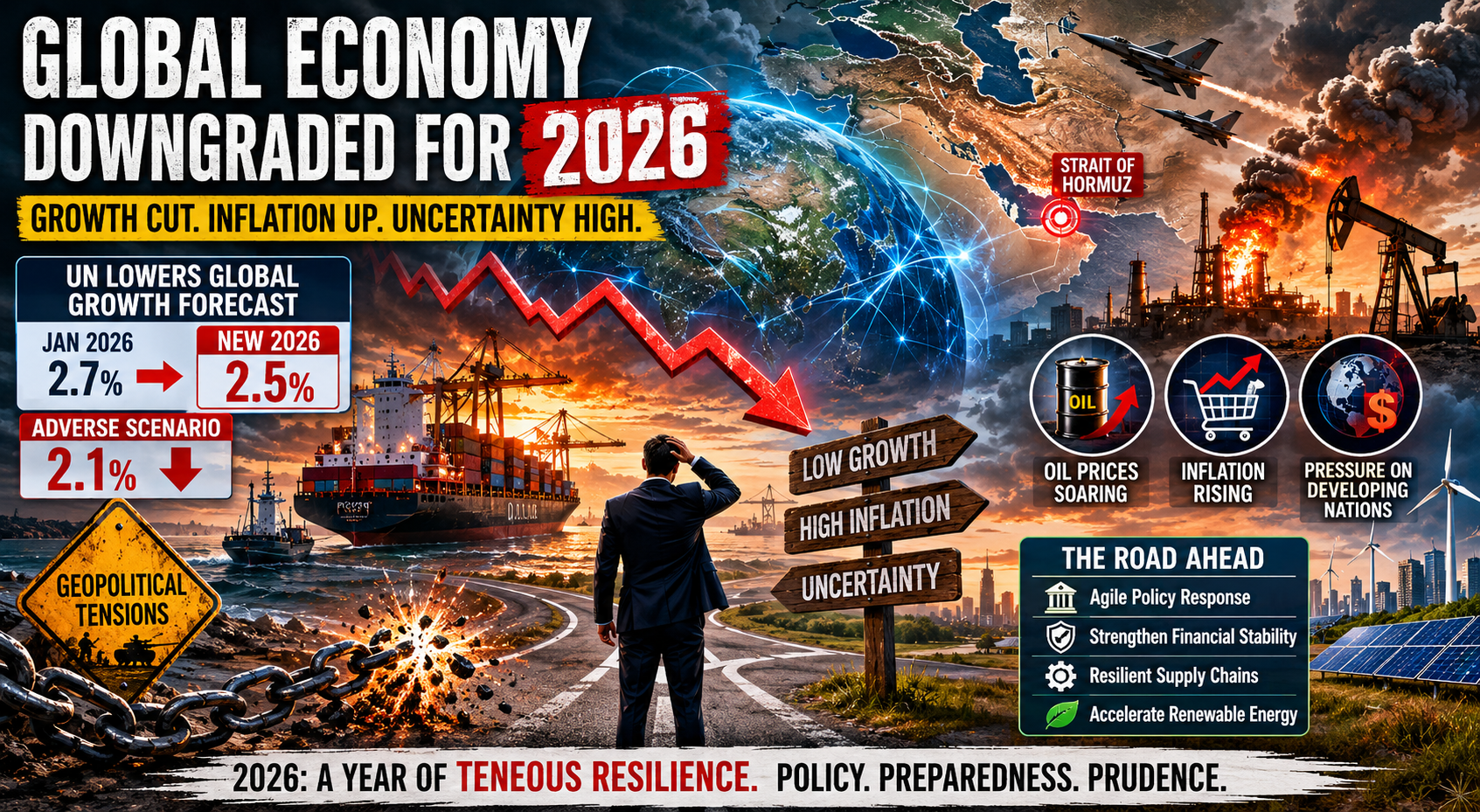 global economic growth 2026, UN GDP forecast, Middle East energy crisis, global inflation, Strait of Hormuz, supply chain disruption, global economy news
